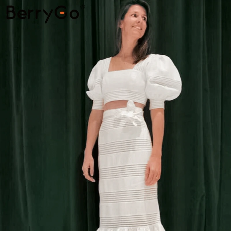 BerryGo женские белые платья из двух частей элегантные открытые с пышными рукавами