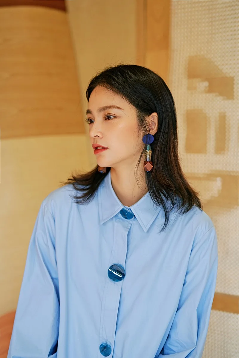 2019 Autumn Original Gloria&ampGrace Fashion Blue Casual Patchwork Button Women Chiffon Oversize Loose TOP Blouse Shirt |