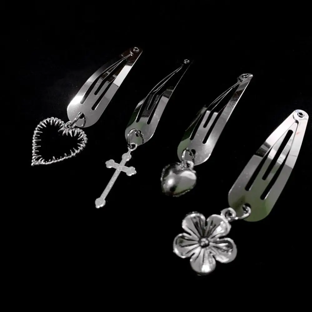

2pcs/set Punk Hip Hop Hair Clip Silver Color Cross Heart Cherry Drop Water Metal Hair Clip for Women Girls Cool Accessories