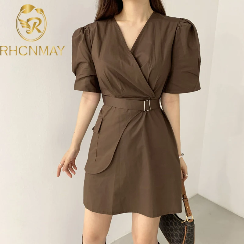 

Женское винтажное мини-платье на завязках, элегантное платье с V-образным вырезом, высокой талией и пышными рукавами, лето 2021