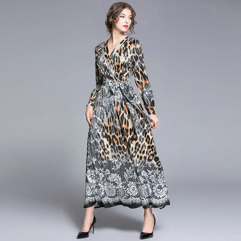 

2020 Temperament Women Dress Spring Autumn Sexy Dress V-Neck Over The Knee Long Sleeve Sexy Simple Leopard Slim Ladies Dresses
