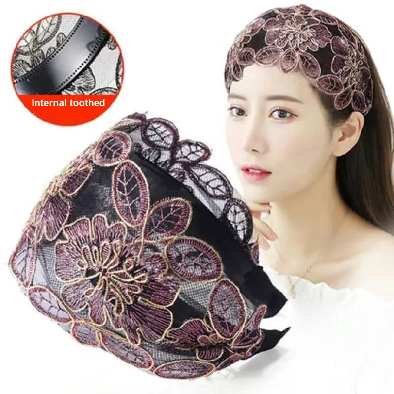 

Floral Non-slip Headband with Tooth Lace Embroidery Wide Hair Band Women Hair Accessories K2