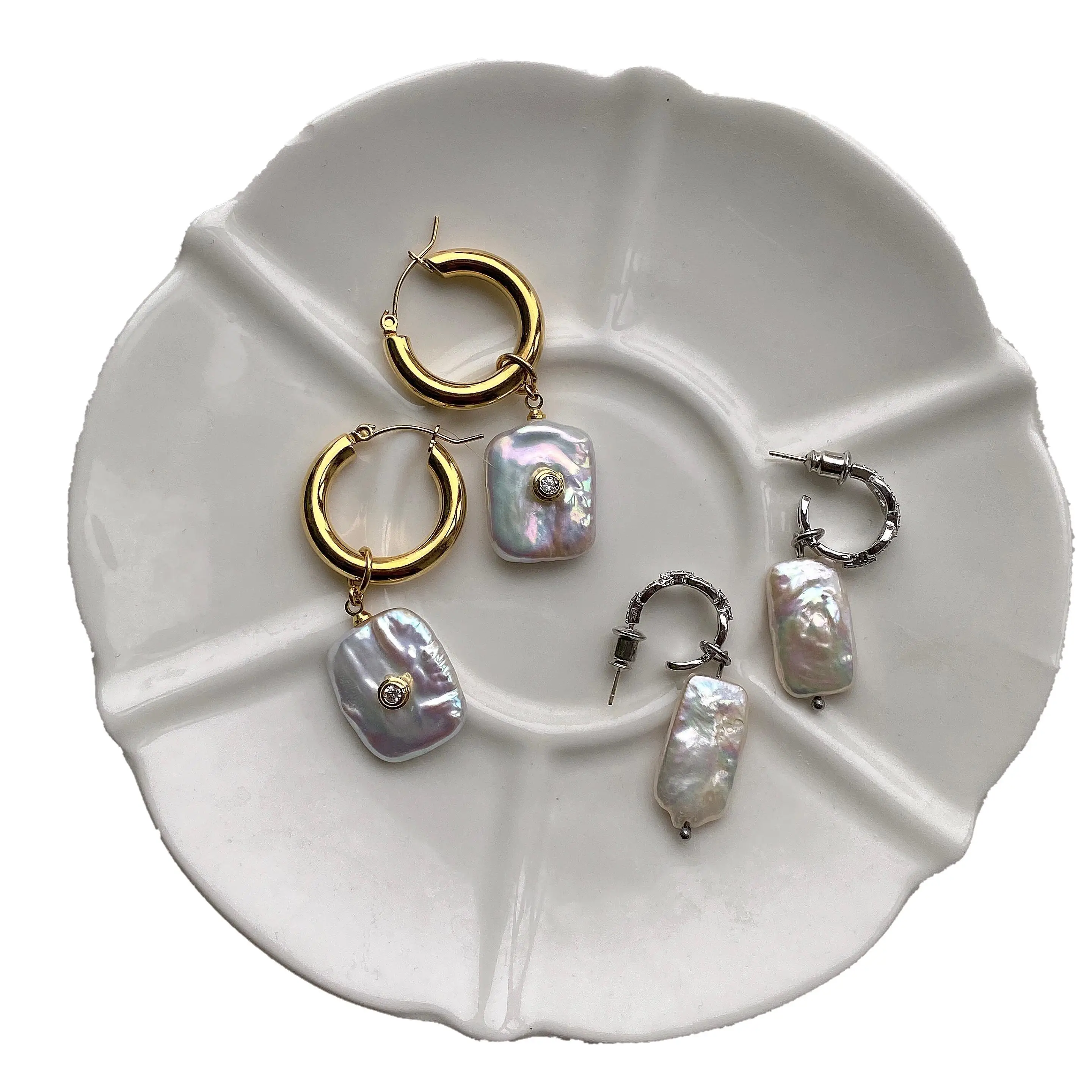 

Cubic Pierced Jewelry Earrings Huggie Earrings Pearl Stainless Steel Square Baroque Natural Hoop Earring Handmade Bridal Wedding