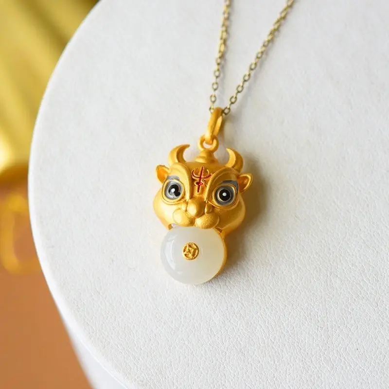 

Year of the Ox Popular National Fashion Hetian Jade Peace Buckle Cow Head Pendant Ancient Silver Gold Inlaid with Jade Natural P