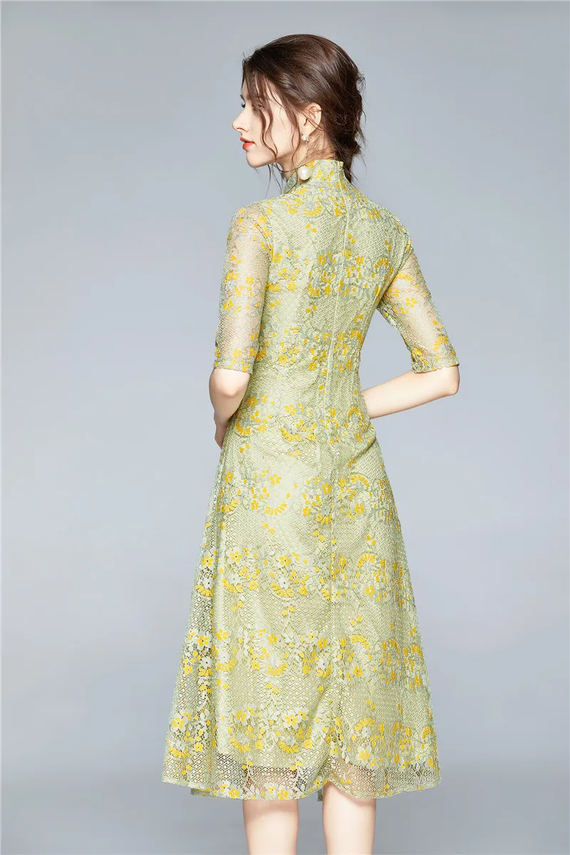 

Fashion Designer Dress Women Autumn Elegant Chinese Style Lace Dress Vintage Cocktail Party Robe Female Dresses Vestidos