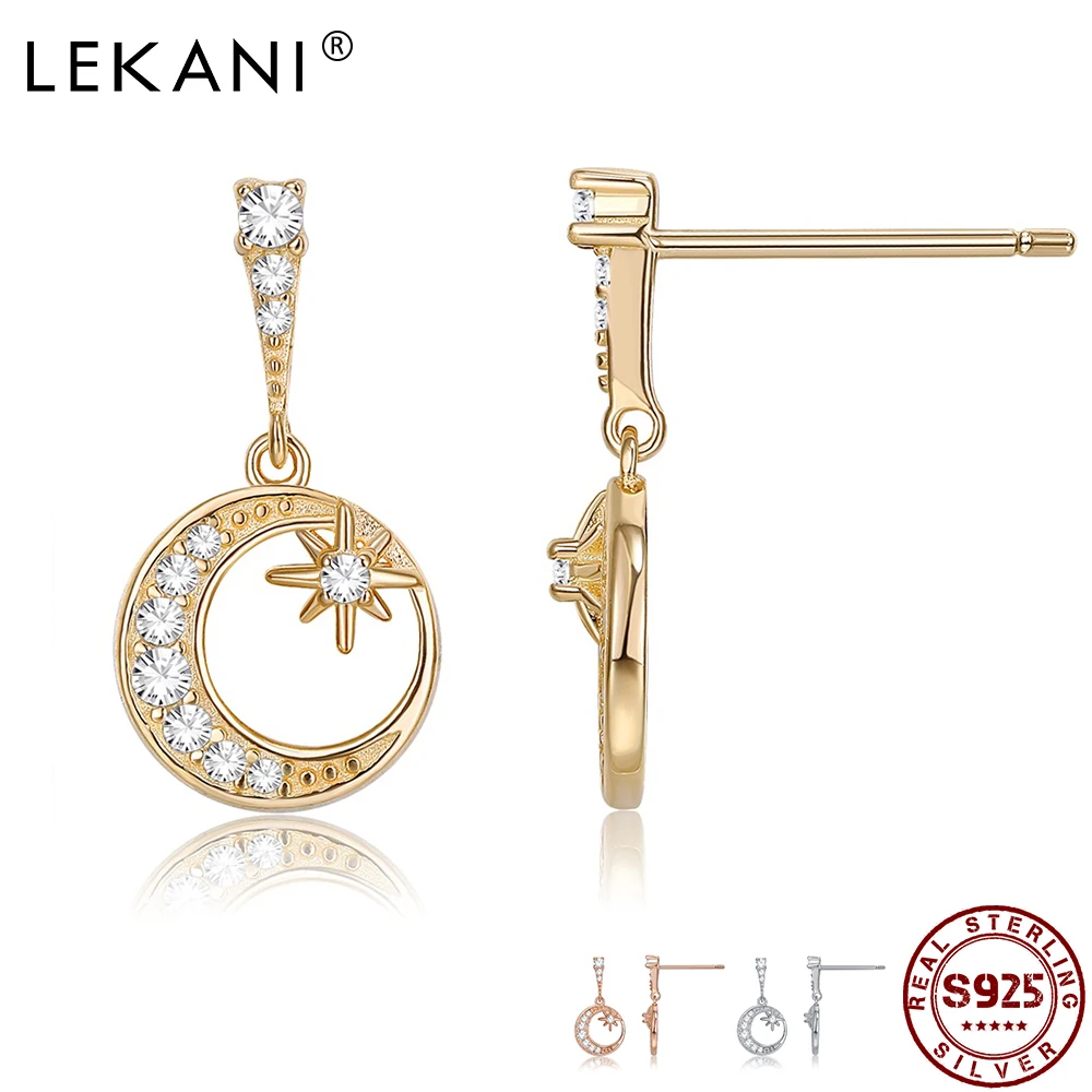 

LEKANI 925 Sterling Silver Earrings For Women Moon and Anise stars Cubic Zirconia Romantic Drop Earrings Girl Gift Fine Jewelry