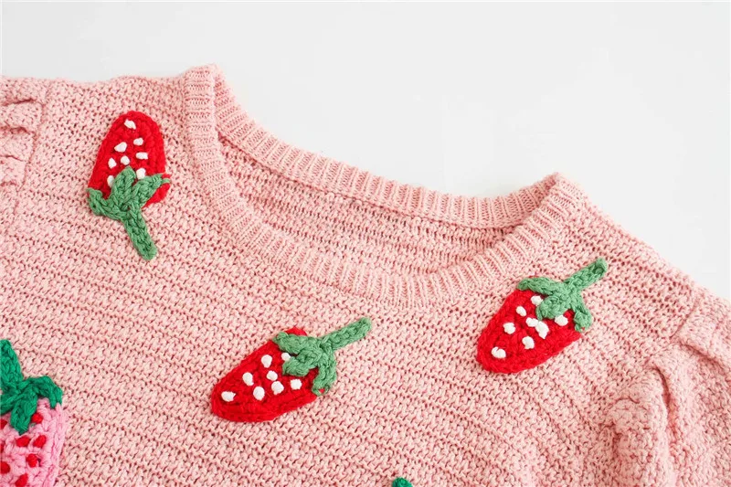 Women 2020 Sweet Fashion Strawberry Applique Knitted Sweater Vintage O Neck Puff Sleeve Female Pullovers Chic Tops | Женская одежда