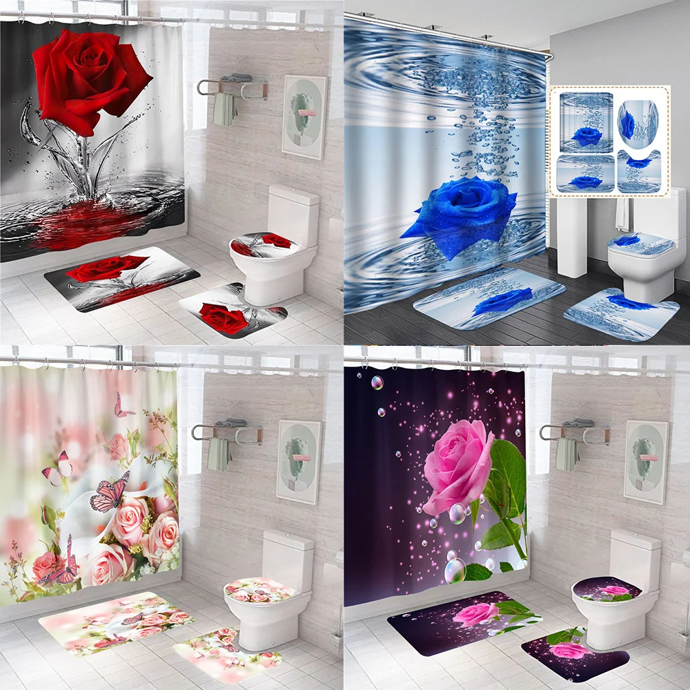 3d blue red pink rose print shower curtain set bathroom bathing screen anti slip toilet lid cover carpet rugs kitchen home decor free global shipping