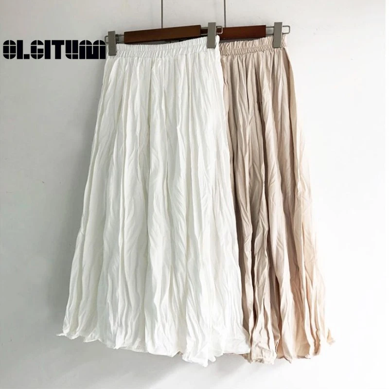 

2020 Spring Autumn Women Casual High Elastic Waist Solid Pleated Long Skirt Female Vintage Elegant Midi Skirt Free Shipping