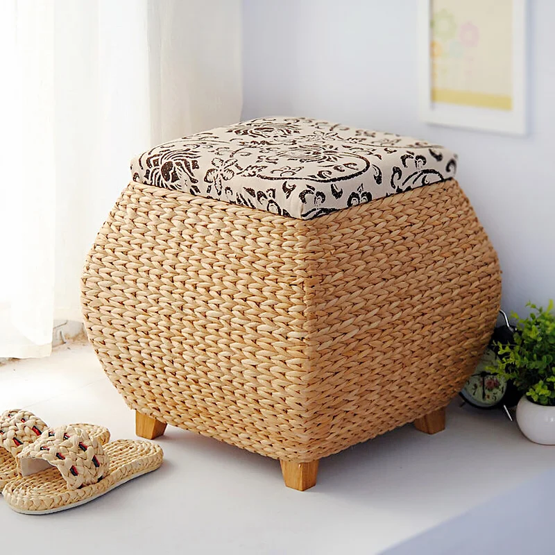 Furniture Hallway Bench Pouf Wooden Chair Paper Rattan Woven Storage Shoe Changing Stool Kitchen Stools Storage Box With Cover
