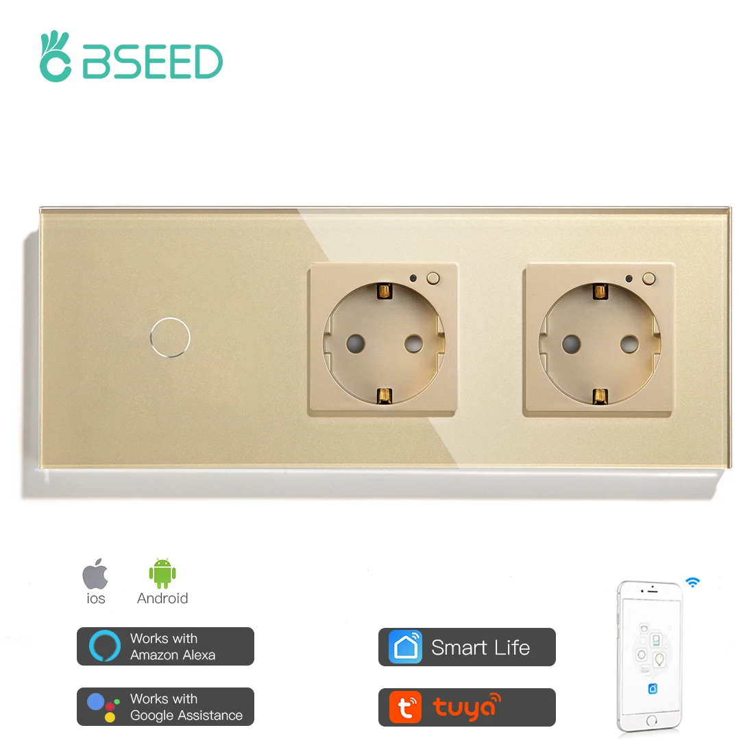 

BSEED Golden Color Wifi Touch Switches 1/2/3 Gang 2 Way Light Switch Smart Life Double Wall Power Sockets Google Alexa Tuya
