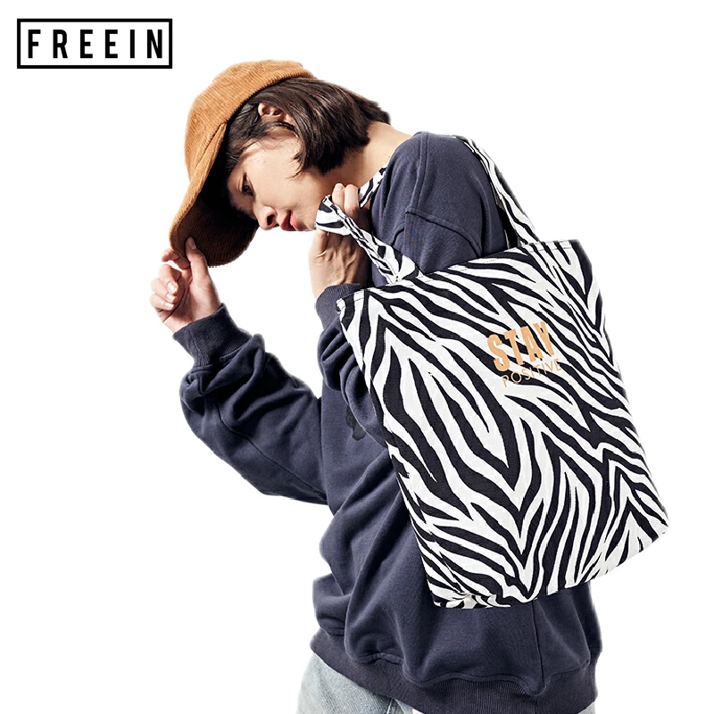 

FREEIN Fashion Zebra Pattern Canvas Bag Trendy Street Tote Women Shoulder Cloth Bag Large Capacity Handbag Reusable Shopping Bag