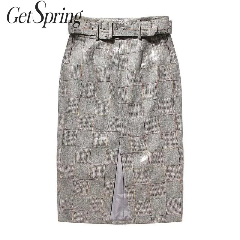 Getвесенняя Женская юбка клетчатая мини с разрезом и высокой талией поясом