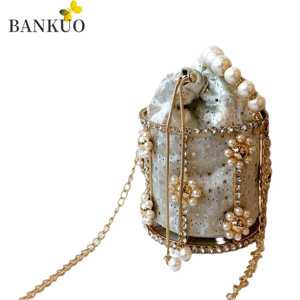 

BANKUO Womens Bag 2021 New Pearl Sequin Drawstring Bag Fashion Diamonds Chains Bucket Bag Party Crossbody Bags Designer Bag Z414