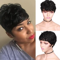 hanne 100 human hair wigs short wet and wavy remy wig short curly pixie cut with bangs black brazilian hair none lace wig