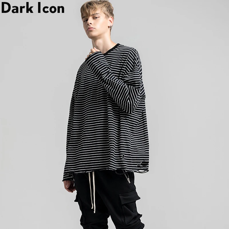 Темная икона полоса рваная футболка мужская с длинным рукавом Круглый вырез