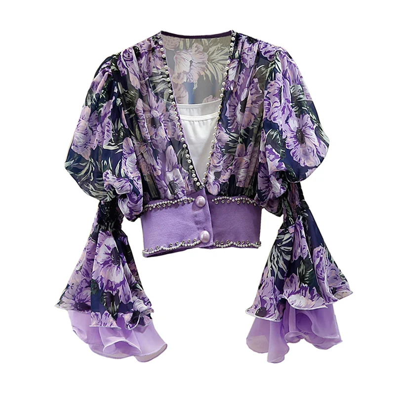 

2021 Summer New Beads Rhinestones V-neck Flared Sleeves Chiffon Stitching Floral Short Shirt Inner Strap Two-Piece Set for Women