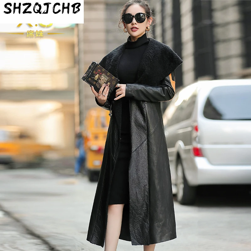

SHZQ 2021 Зимняя Новая ветровка из овечьей кожи, Женская Длинная кожаная ветровка
