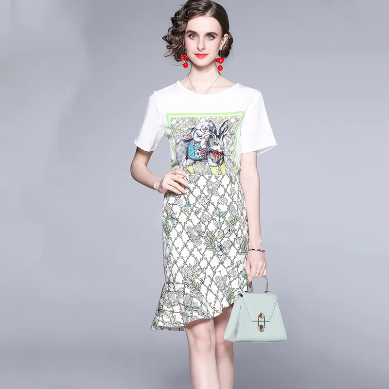 

European suit 2021 summer women's new cartoon printed T-shirt + fishtail skirt fashion two-piece suit