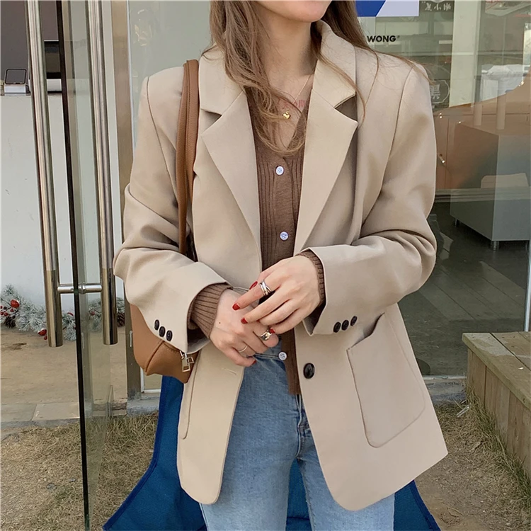 

Casual Loose Single-breasted Khaki Women Suit Blazer Oversize Coat 2022 Spring Elegant Notched Collar Full Sleeve Female Jackets