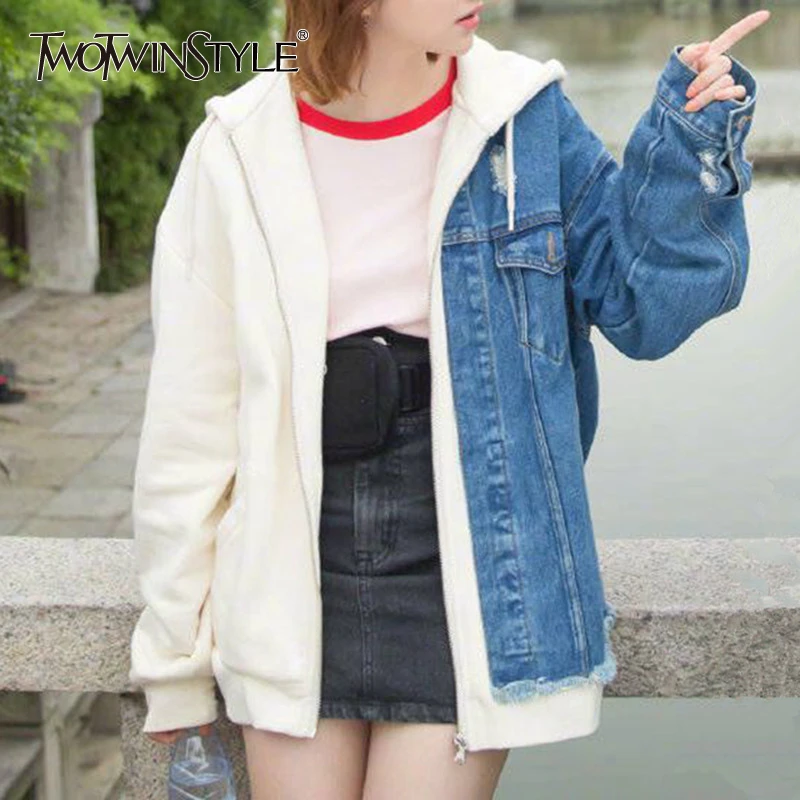 Женский джинсовый свитер с капюшоном TWOTWINSTYLE осенне-зимний длинным рукавом