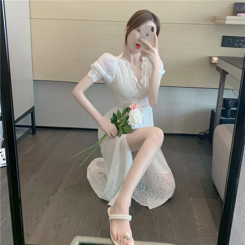 

Women Summer Lace Vintage Dresses Chic Spilted Short Sleeve Elegant Maxi Vestido V-Neck Slim Party Midi Vestir