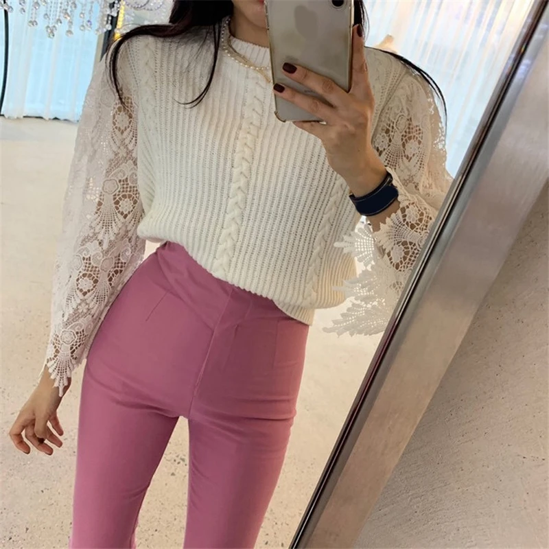 RealShe кашемировый женский свитер с круглым вырезом и кружевными расклешенными