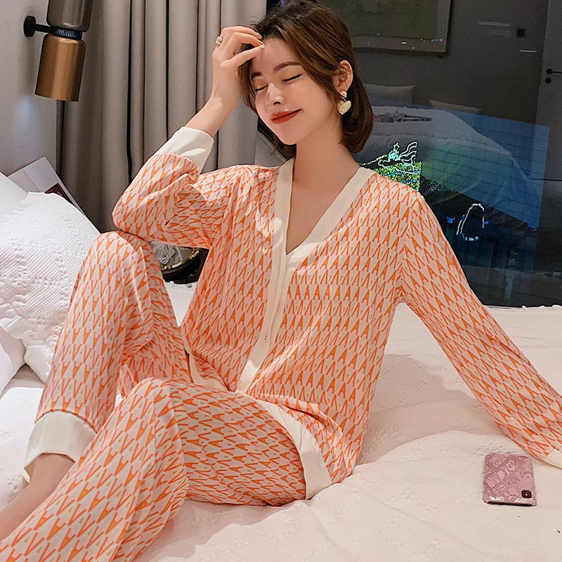 

Autumn Women's Pajamas Set Geometric Print Sleepwear Teal Long-sleeved Silk Like Nightie Luxury Home Clothes Satin Nightwear Set