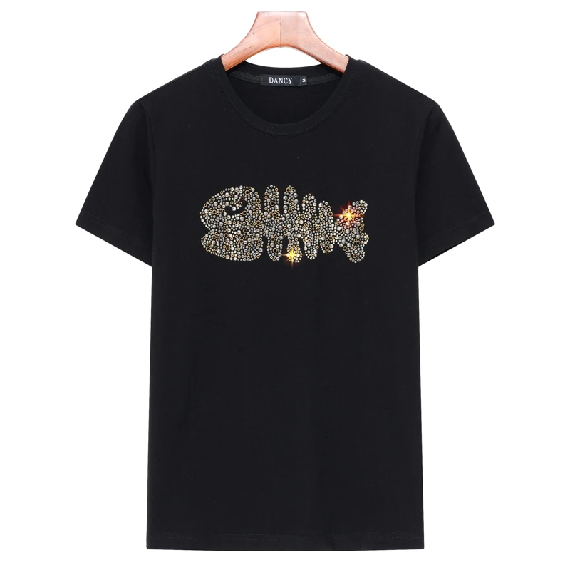

Rhinestone Bone Fish Design 2022 Tops Punk Style Men Women Hot Fix T Shirt Cotton Round Neck Black White Tees Unisex Clothing