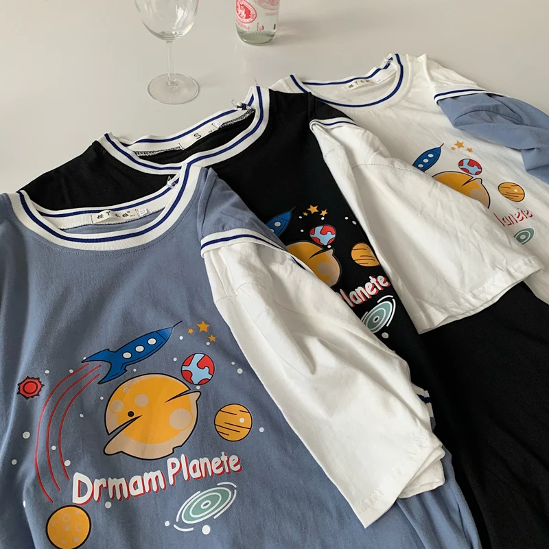 Футболка женская из двух предметов повседневный Свободный Топ в стиле Харадзюку