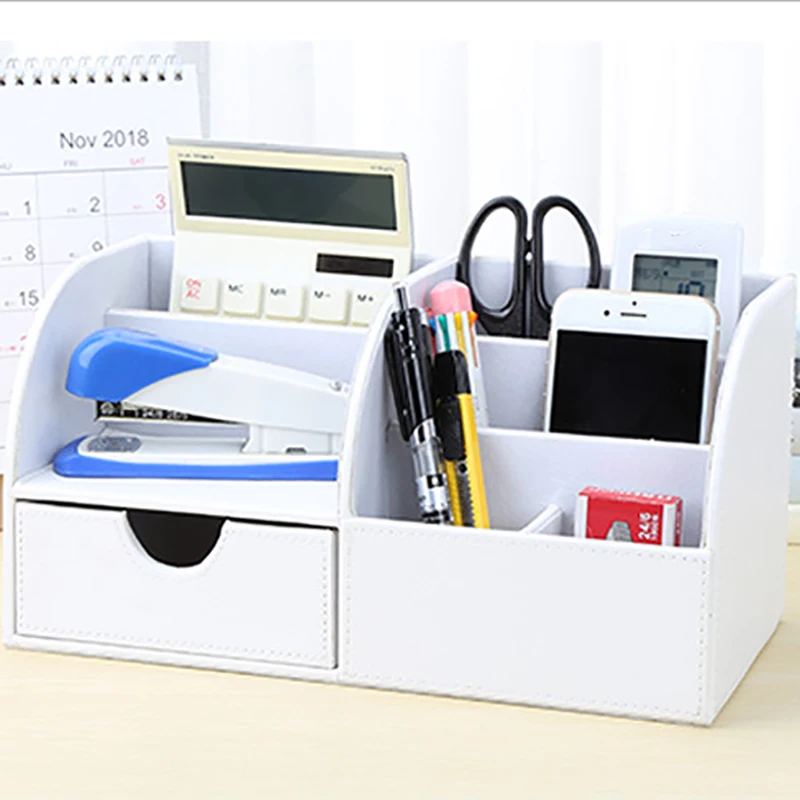 

PU Leather Multifunctional Desk Organizer Storage Box - Business Card/Pen/Phone/Stationery Holder (Half PU-White)