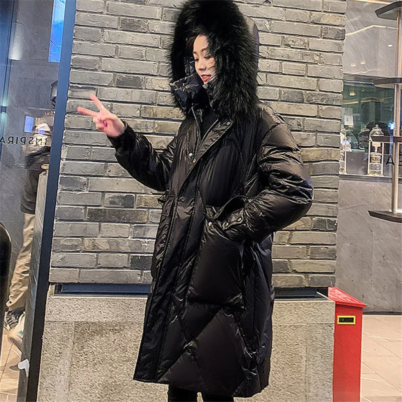 Winter Women's Parker Cotton Clothing New Shiny Solid Color Hooded Fur Collar Loose Zipper Drawstring Long Sleeve Coat Jacket