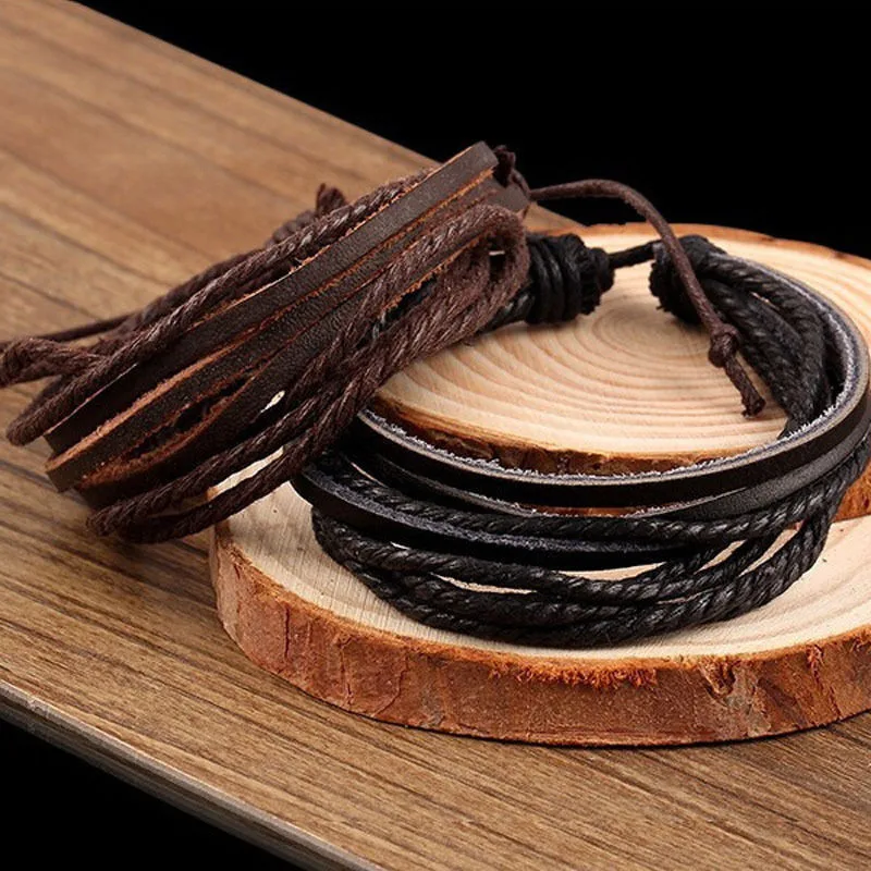 

Men's Braided Rope Leather Bracelets Surfer Tribal Wrap Multilayer Cuff Wristband Elasticity Bracelet Black/Brown