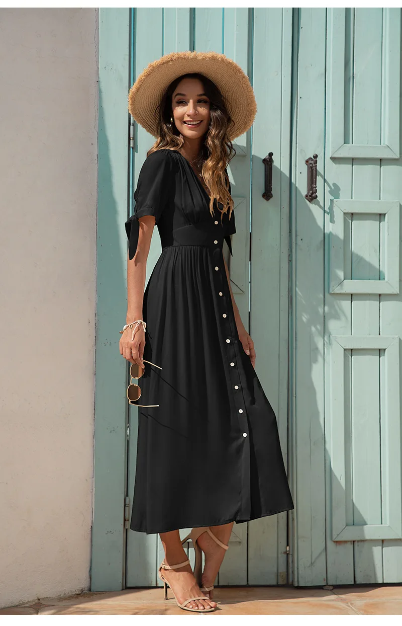 

New 2021 Fashion V-neck High Waist Cuff Necktie Dress Female Waist Small Dress Elegant Female Large Size Mid-length Slim Dress