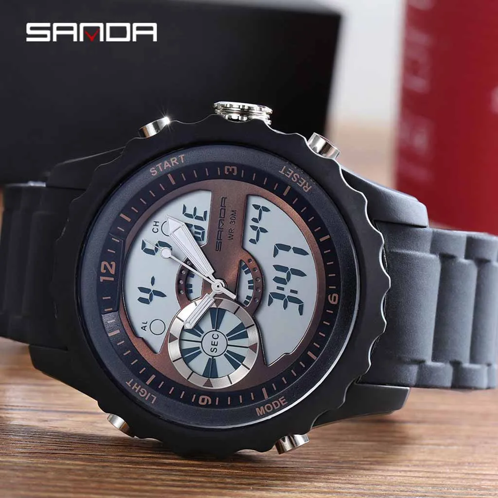 

Sanda Men Fashion Classic LED Electronic Digital Watch PU Band Strap Sport Watch Double Display Design Multi function Wristwatch