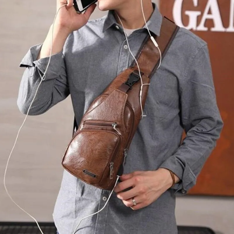 

Men's USB Chest Bag Designer Men's Messenger Crossbody package PU Leather Shoulder Bags Diagonal Package Travel Chest Bag