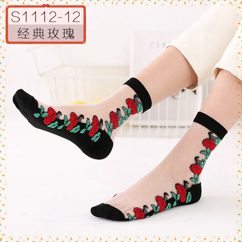 Hyrax trends Transparent sexy bud ladies silk Socks flower design Black transparent color Sexy fashion lace sock