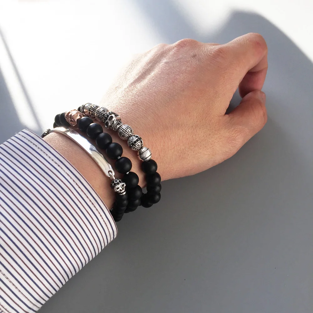 Браслеты с черным черепом из ниток диаметром 6 мм матовый обсидиановый мост 925
