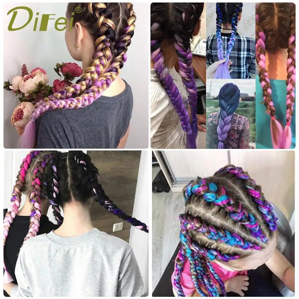 DIFEI, женские, 24 дюйма, 100 г/упак., вязанные крючком огромные косички, розовые, зеленые, синие, синтетические, фиолетовые, Омбре, косички для наращивания волос