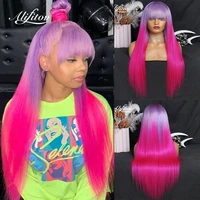 alifitov ombre purple rose red lace front human hair wigs straight bangs wig human hair wigtransparent lace wigs with baby hair
