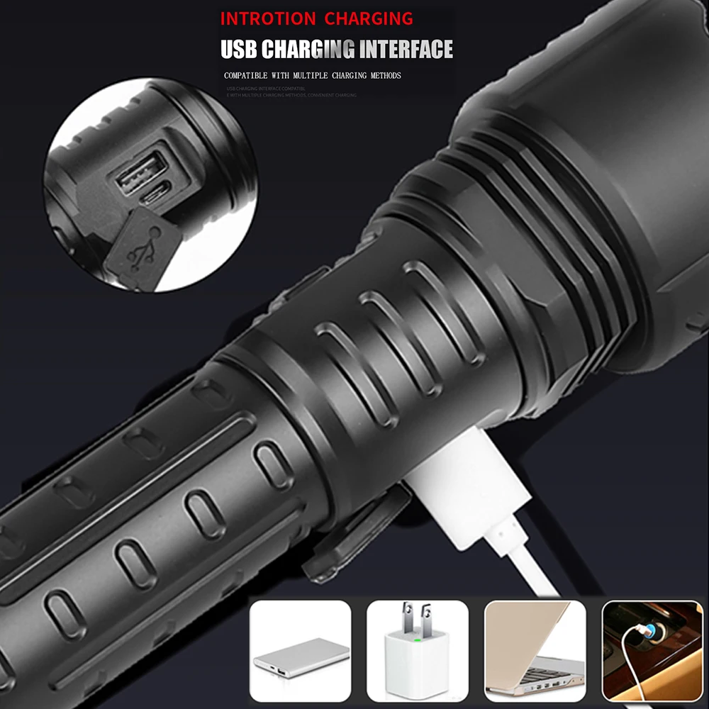 

z50 XHP90 Use 18650 26650 battery Led flashlight LED Torch Stylish Black Light 5 switch Modes camping Zoomable waterproof USB
