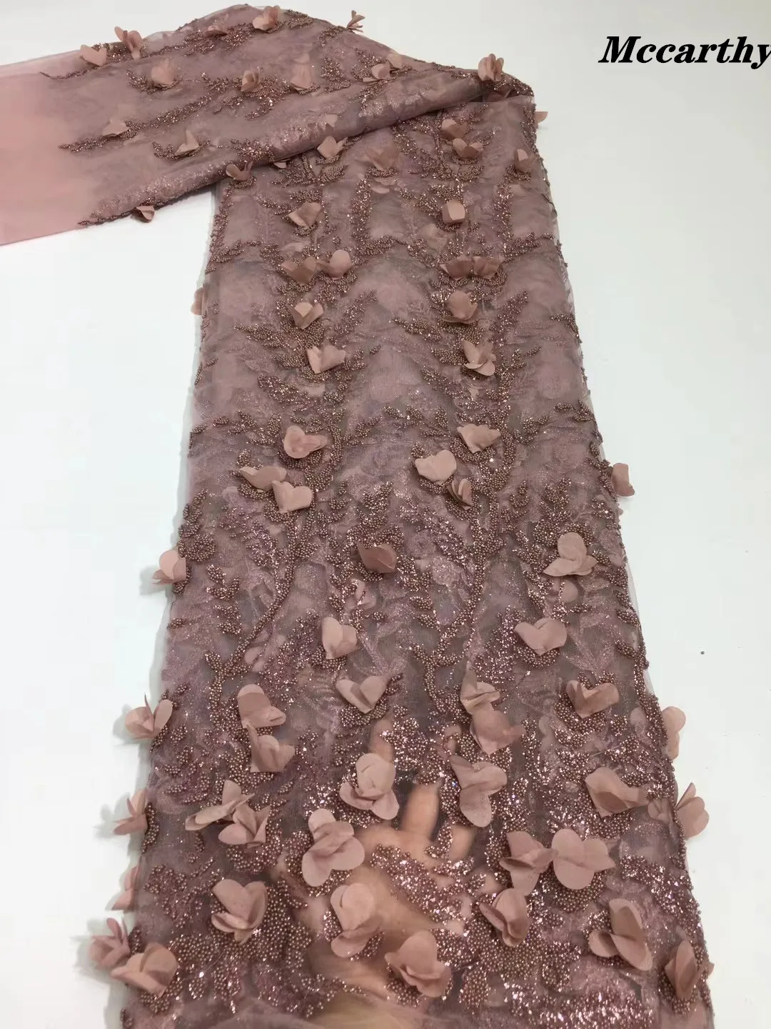 

Mccarthy 2021 Pink 3D Flowers Tulle Lace Fabric French Lace Fabric With Beads Embroidery African Net Lace For Wedding Dress