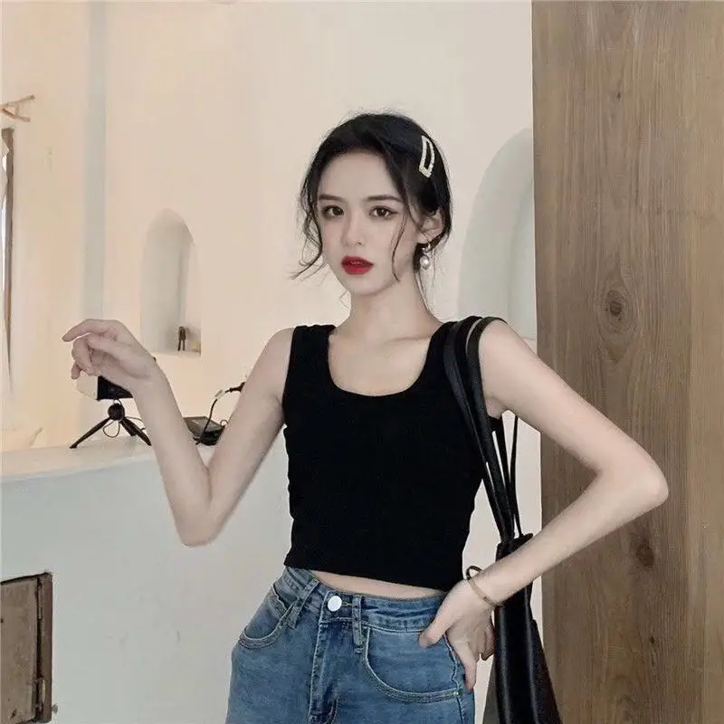 

Sexy Women Solid Color Tank Top, Adults Casual Sleeveless U-shaped Neck Crop Top (White, Grey, Black)