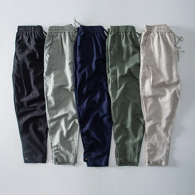 

New Brand Casual Pants Men Solid Fashion Light Gray Green Trousers Mens Elastic Waist Ankle-length Pants Male Broek Pantaloni