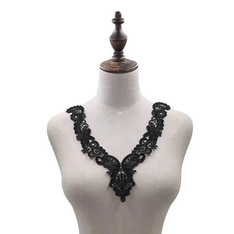 

Black V shape crochet venise lace collar/ Water soluble polyester hollow bridal floral lace applique sold by per piece