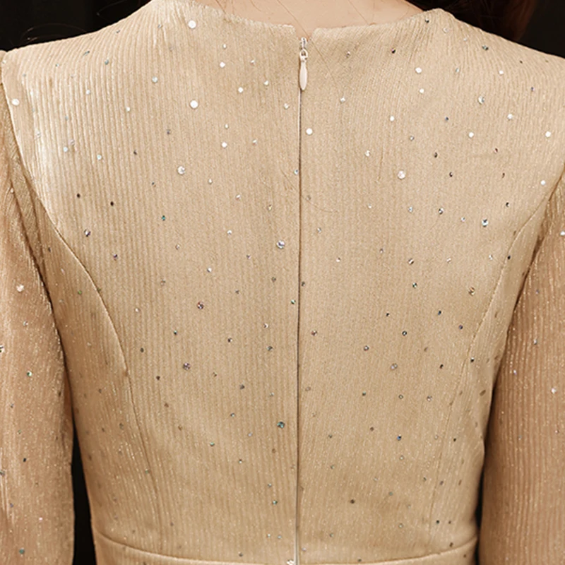 

Evening Dress Button Deep V-Neck Elegant Zipper Back Sequins Floor-Length Full Sleeves New A-Line Woman Formal Party Gowns A1122