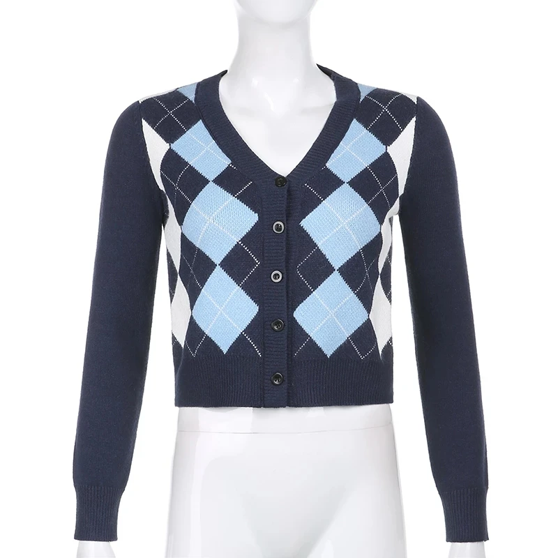 

Plaid Knitted Ladies Cardigans Sweater V Neck Long Sleeve Autumn Winter Sweater Women England Style Knitwear