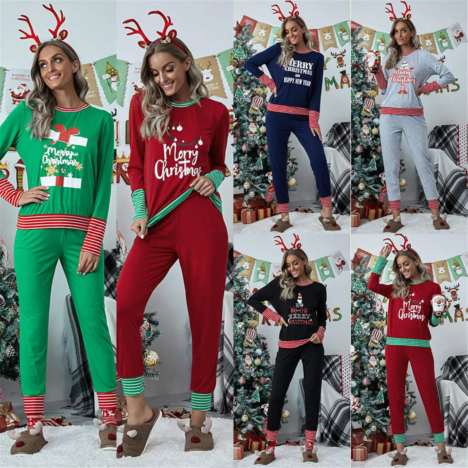 

Women Casual Christmas Letters Printed Pajamas Set Long Sleeve Shirt Pullover Top+Long Pants Women Home Suit Two-piece Set 2020