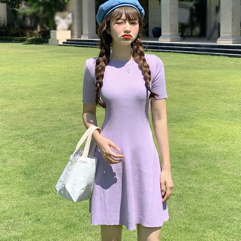 

2021 Summer Women Knit Ribbed Dress Solid Color Robe Moulante Female O Neck Short Sleeve Bodycon Mini Vestidos Dropshipping