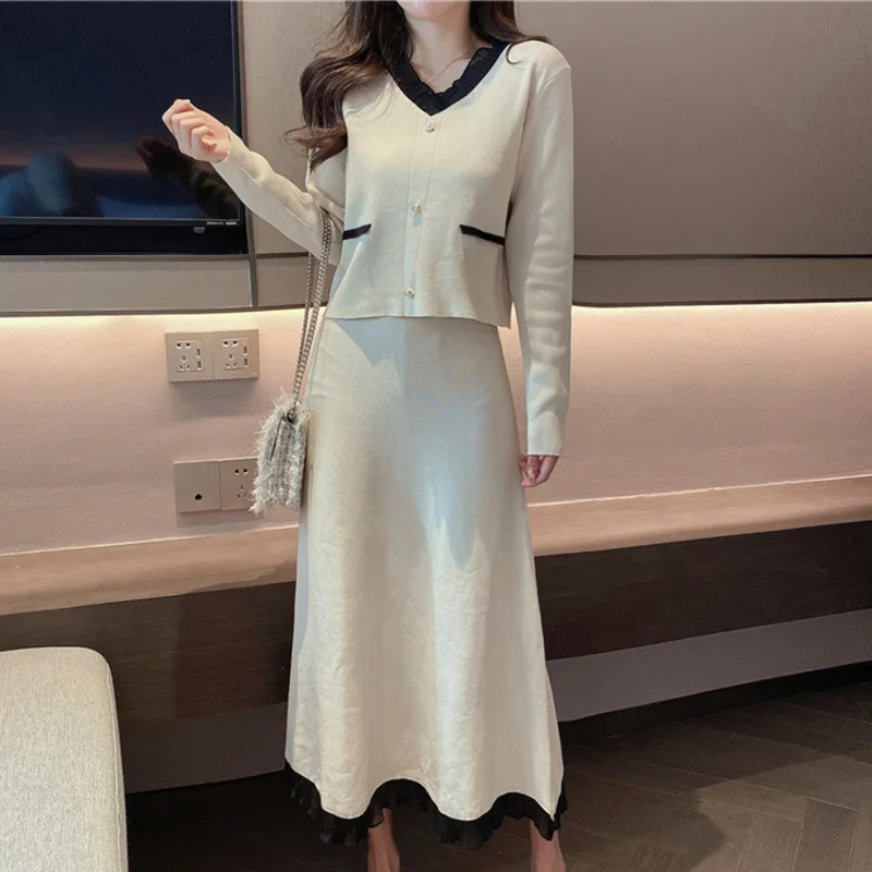 

Autumn Winter Korean Casual Knitted 2 Piece Set Women Turtleneck Sweater Pullover Top + Long Skirt Suits Female Two Piece Set